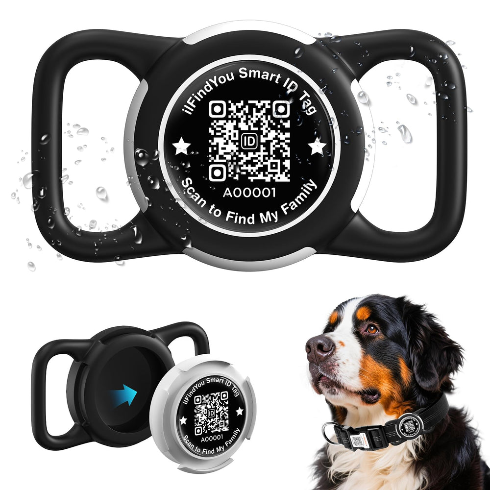 ILFINDYOU waterproof AirTag dog collar holder front view shows secure tracking on outdoor adventures