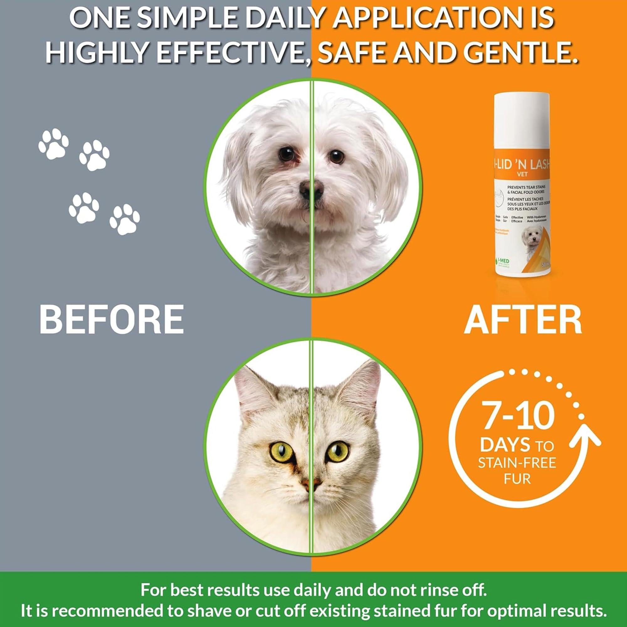 I-LID ’N LASH Vet Pump application demonstrates convenient eyelid cleansing for dogs and cats.
