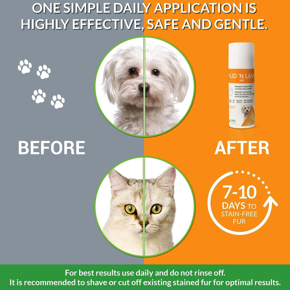 I-LID ’N LASH Vet Pump application demonstrates convenient eyelid cleansing for dogs and cats.
