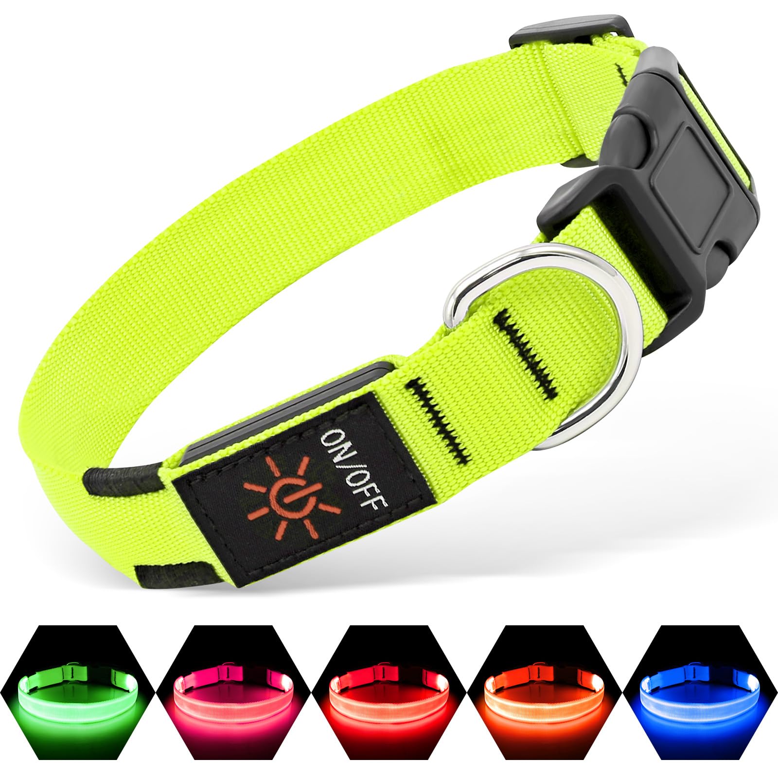 Illumifun LED collar closeup shows bright green glow for visibility.