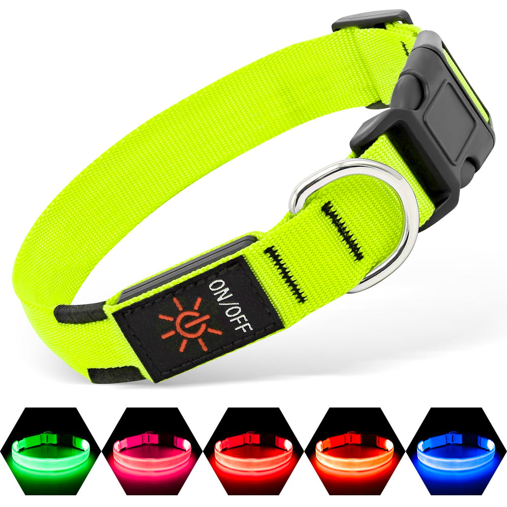 Illumifun LED collar closeup shows bright green glow for visibility.