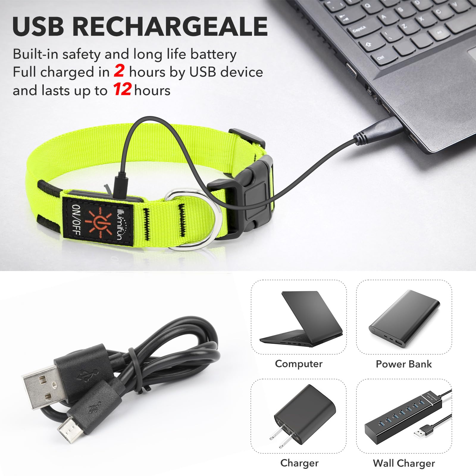 Illumifun LED collar glowing at night improves nighttime visibility.