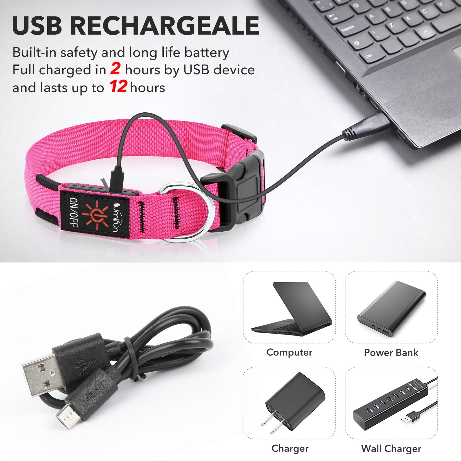 Illumifun LED dog collar adjustable fit for necks 8.5 to 23.6 inches.
