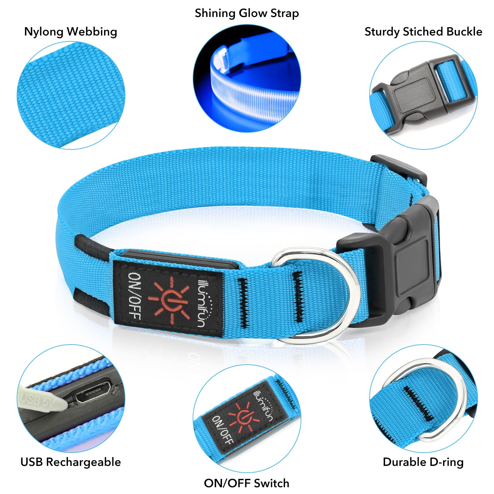Illumifun LED Dog Collar adjustable neck range fits a variety of dogs