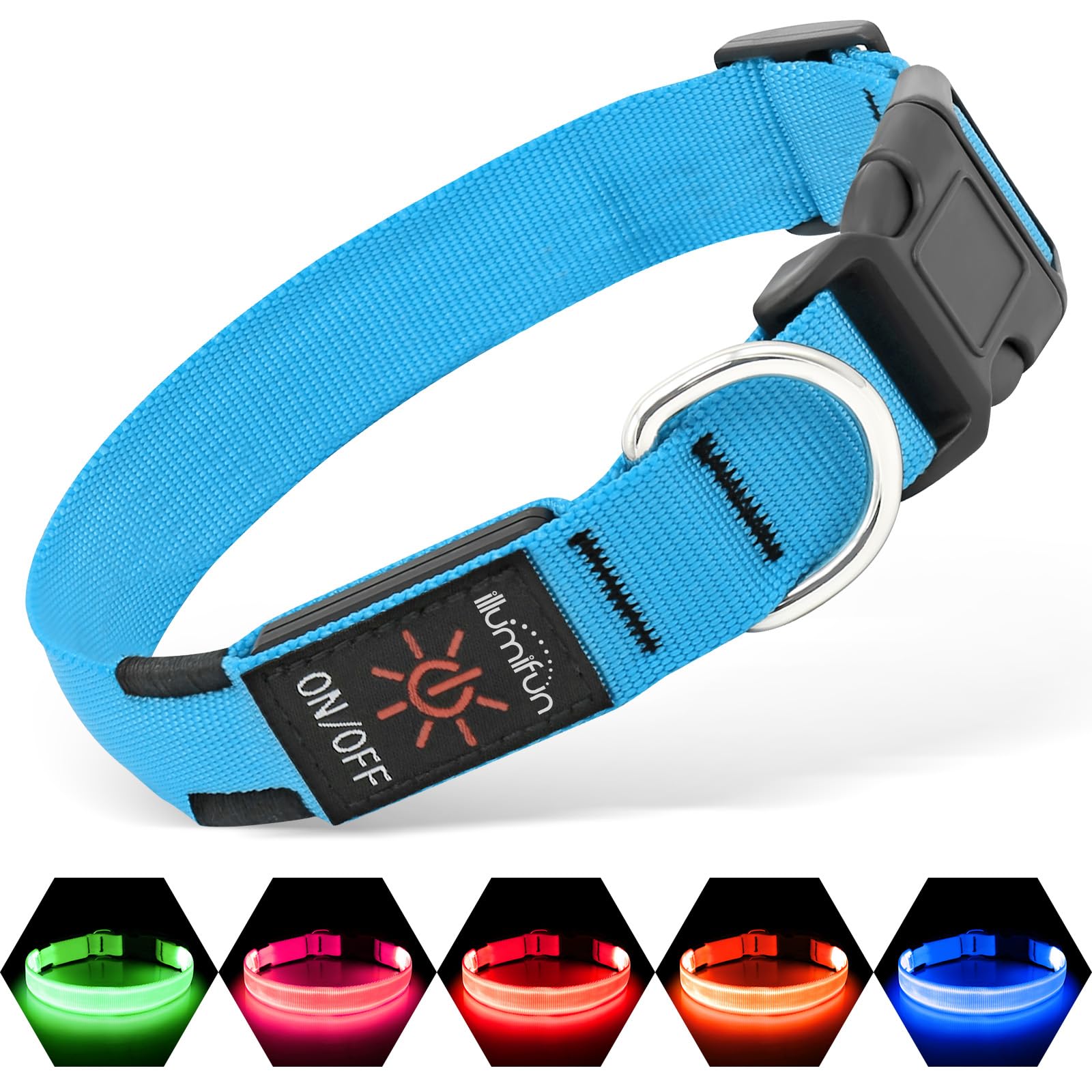 Illumifun LED Dog Collar glows blue on a dog for nighttime visibility during walks