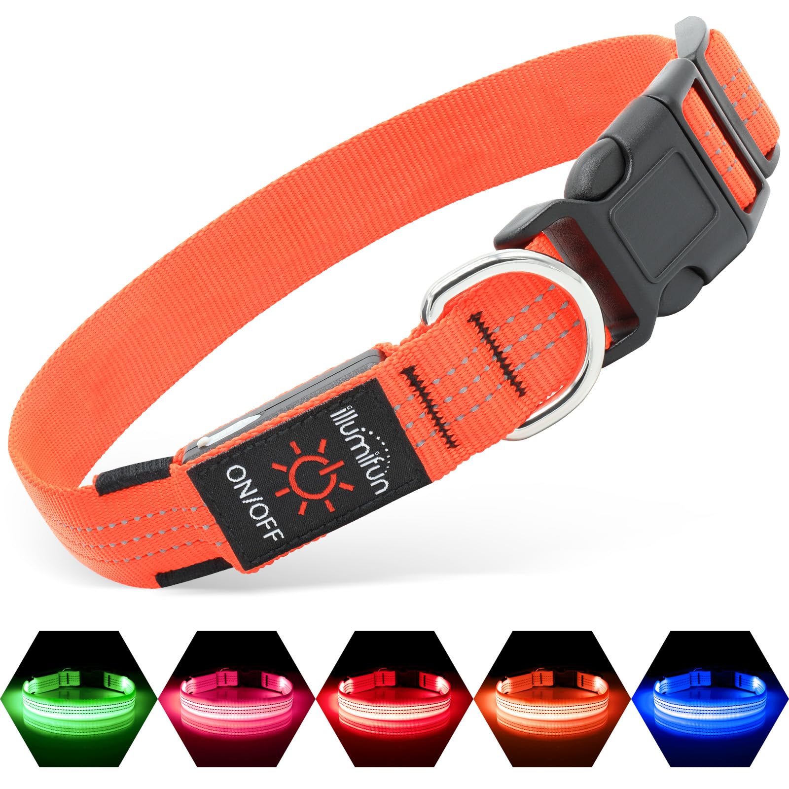 Illumifun LED dog collar front view shows bright glow for safe night walks