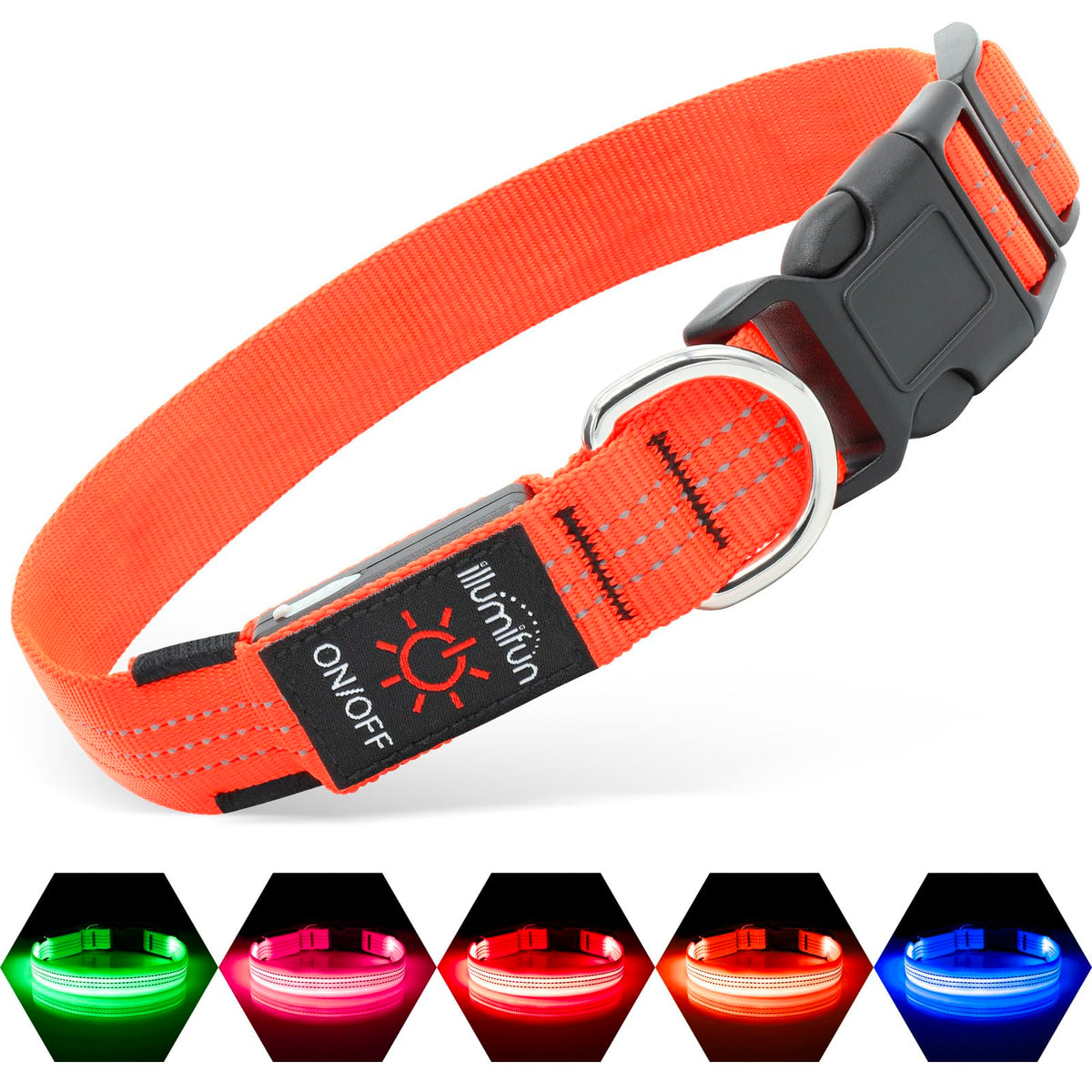Illumifun LED dog collar front view shows bright glow for safe night walks