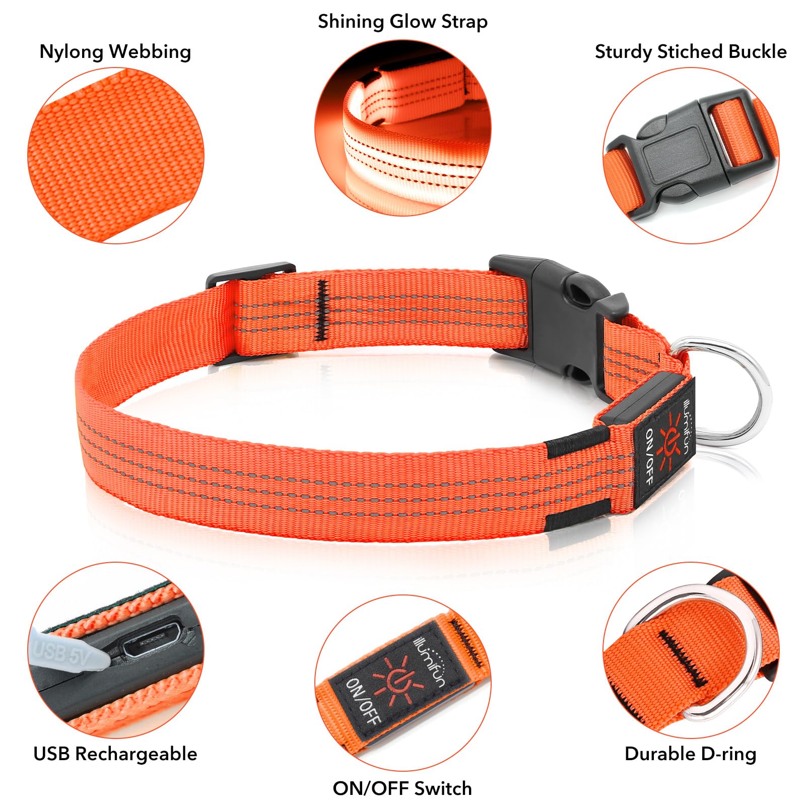 Illumifun LED dog collar close-up highlighting LED glow and color option