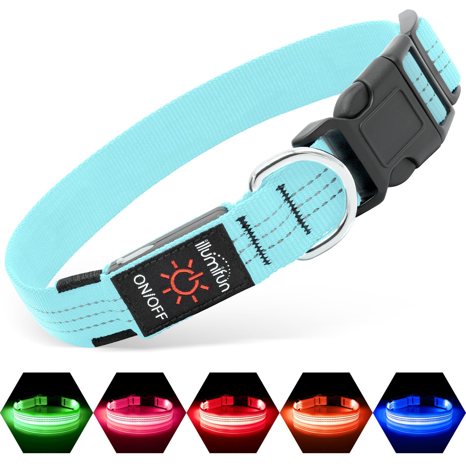 Illumifun Light Up Dog Collar blue3 close-up with bright glow for safer night walks