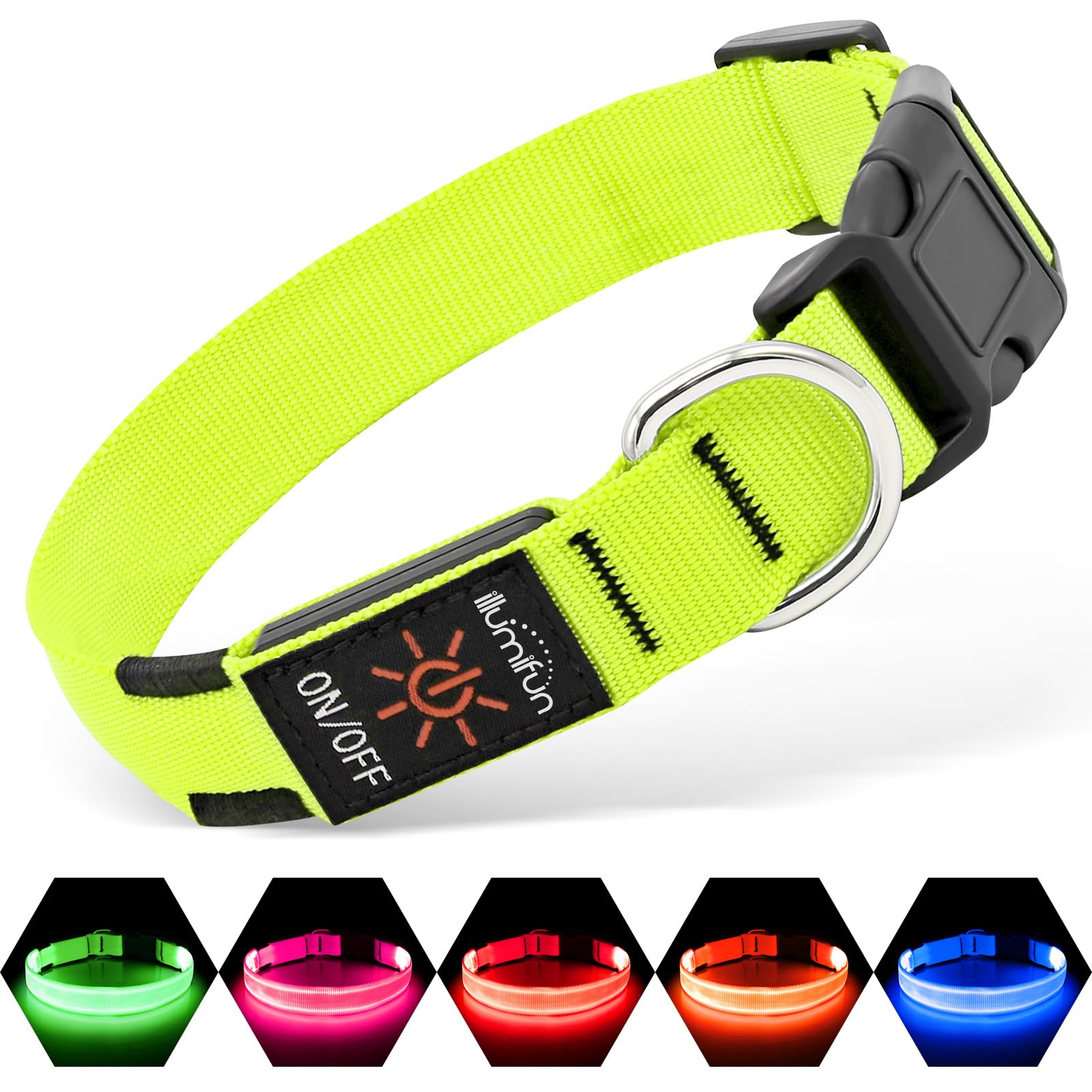Illumifun light-up-dog-collar-green on a dog for nighttime visibility during walks.