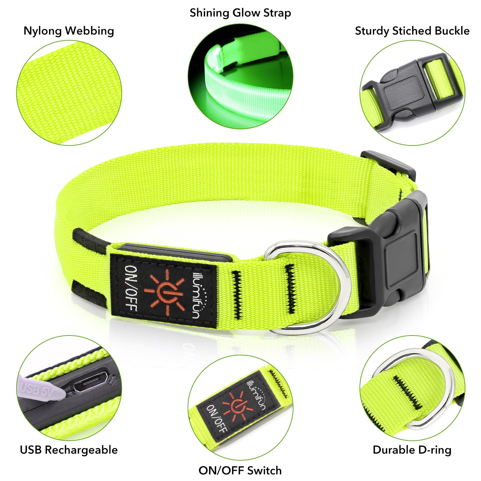 Illumifun light-up-dog-collar-green USB recharge with cable for extended outdoor adventures.