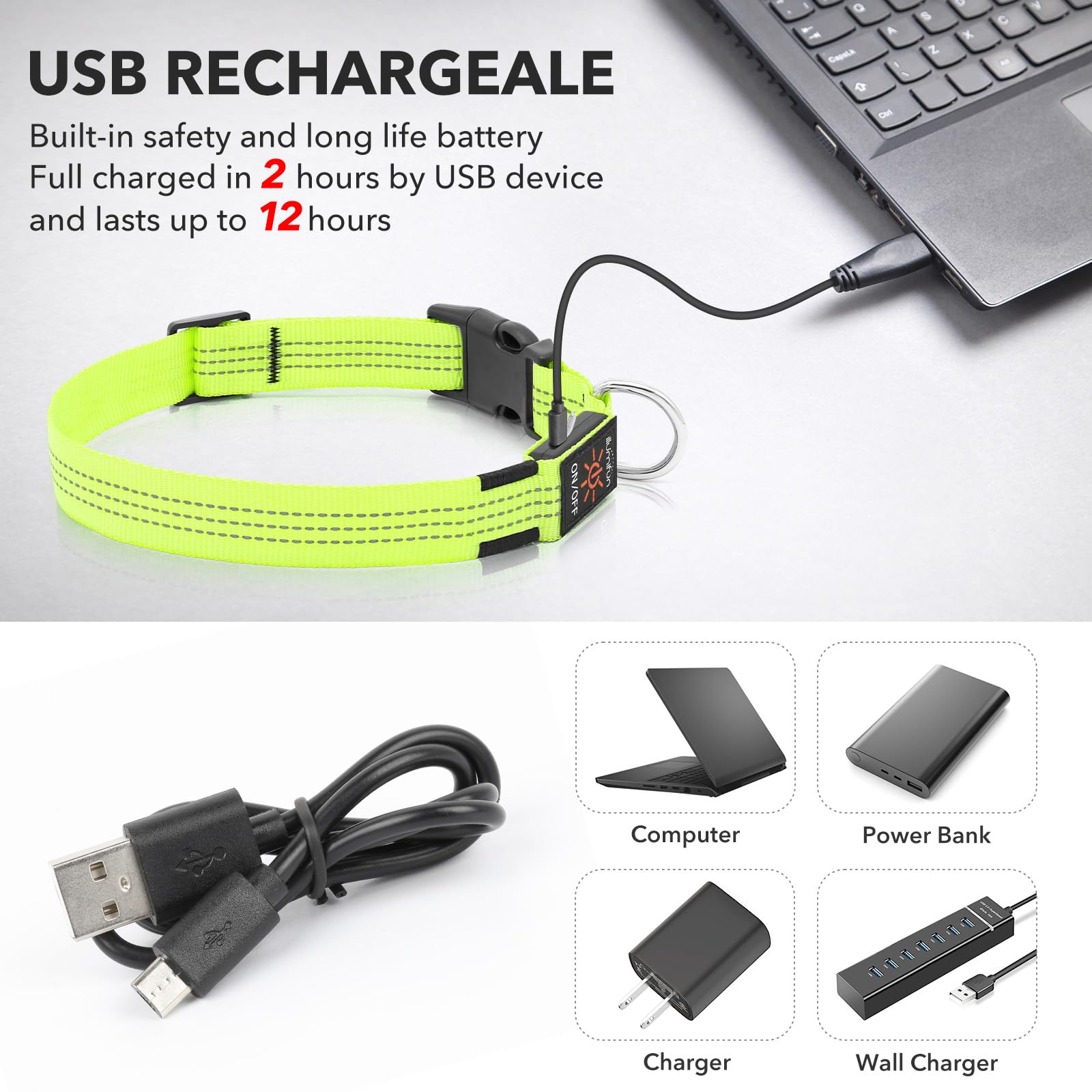 Illumifun light-up dog collar Green3 modes for versatile signaling