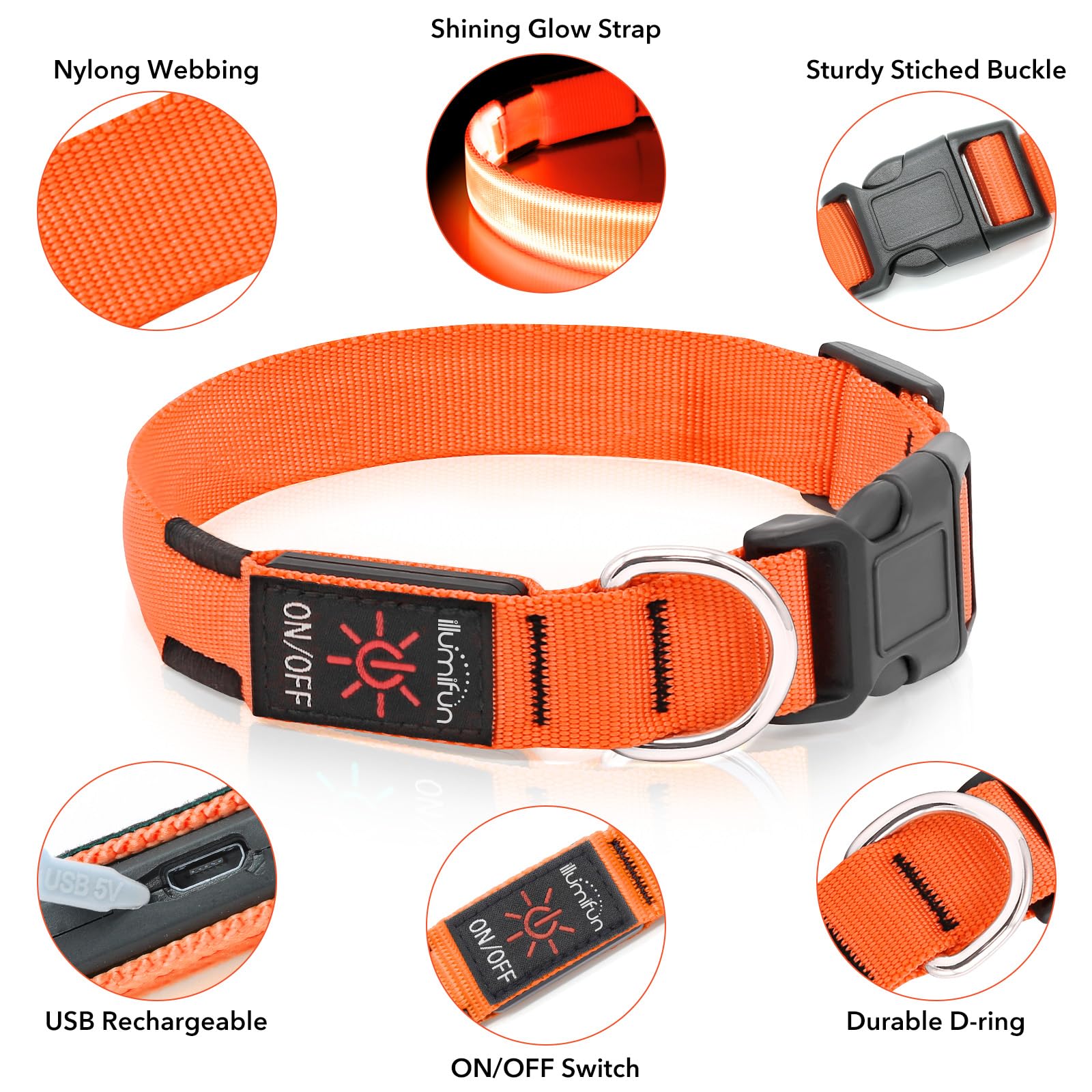 Illumifun light-up dog collar orange glow mode demonstrates versatile visibility for safety.