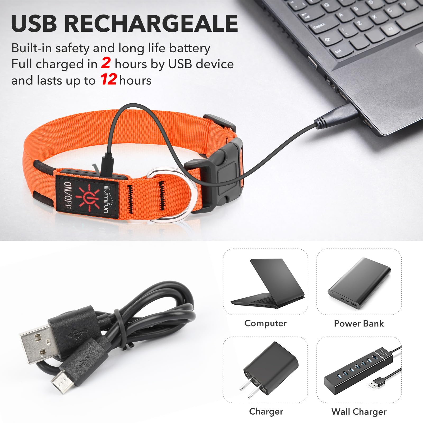 Illumifun light-up dog collar orange USB recharge cable image emphasizes easy charging.