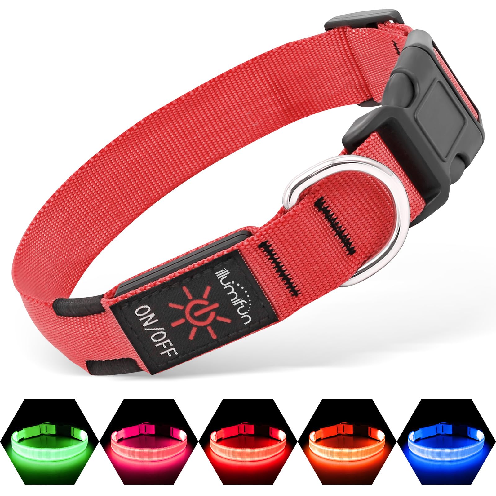 Illumifun light up dog collar front view glowing red improves night-time visibility