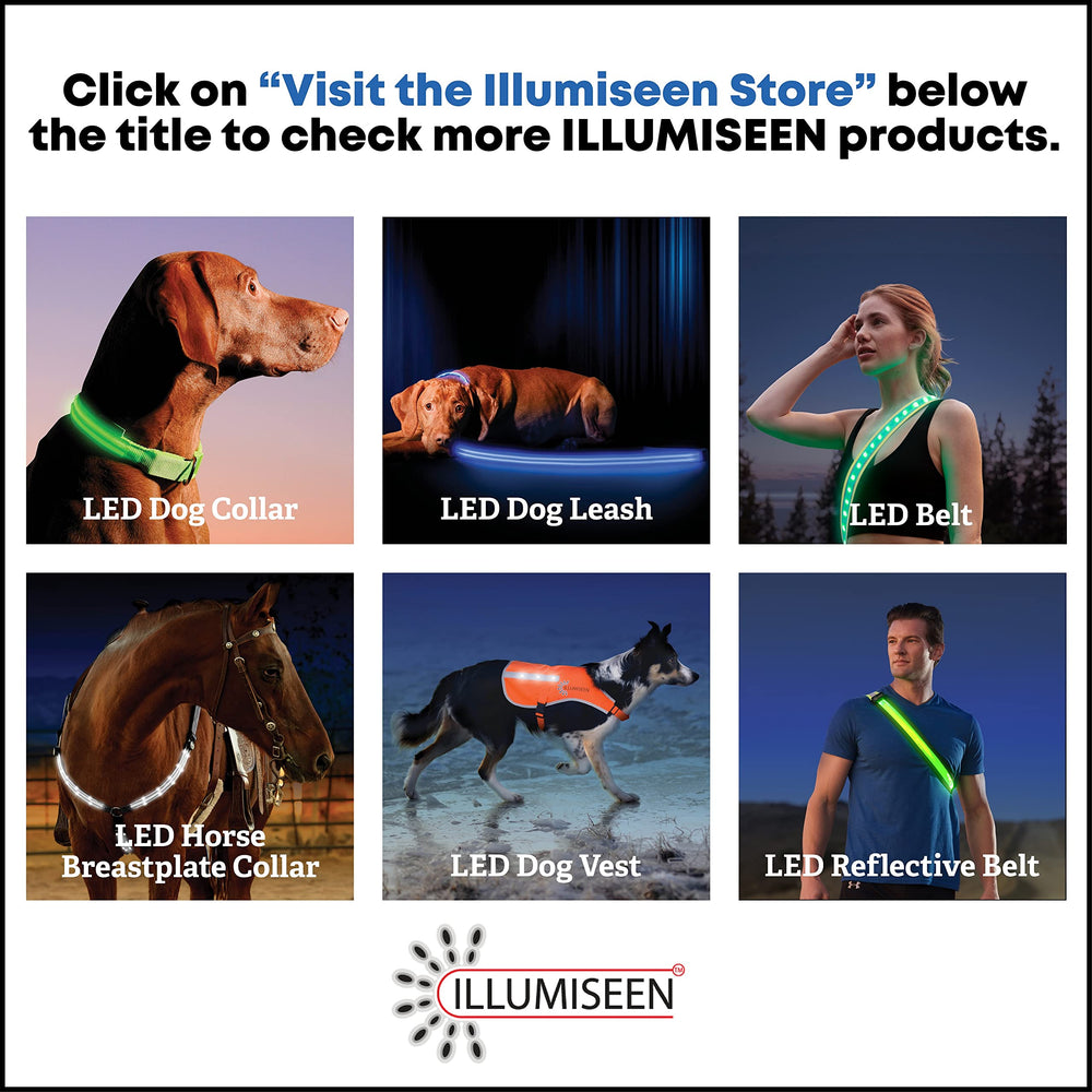 Illumiseen LED dog collar packaging highlights features and setup.