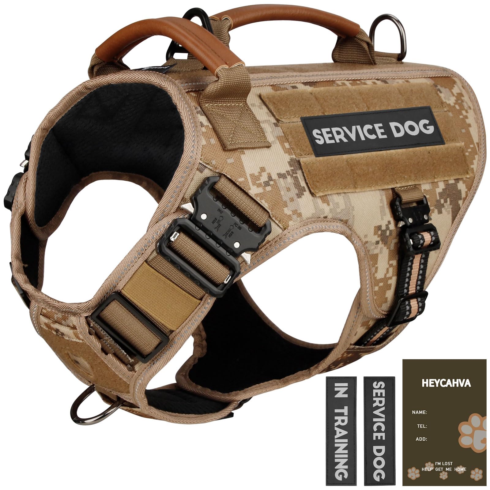 Service Dog Vest - HEYCAHVA Tactical Dog Harness Full Metal Buckles Dog Vest for Large Medium Dog Reflective No Pull Dog Harness with Leather Handle, Hook & Loop for Hiking Training (Desert Camo, XL)