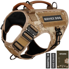 Service Dog Vest - HEYCAHVA Tactical Dog Harness Full Metal Buckles Dog Vest for Large Medium Dog Reflective No Pull Dog Harness with Leather Handle, Hook & Loop for Hiking Training (Desert Camo, XL)