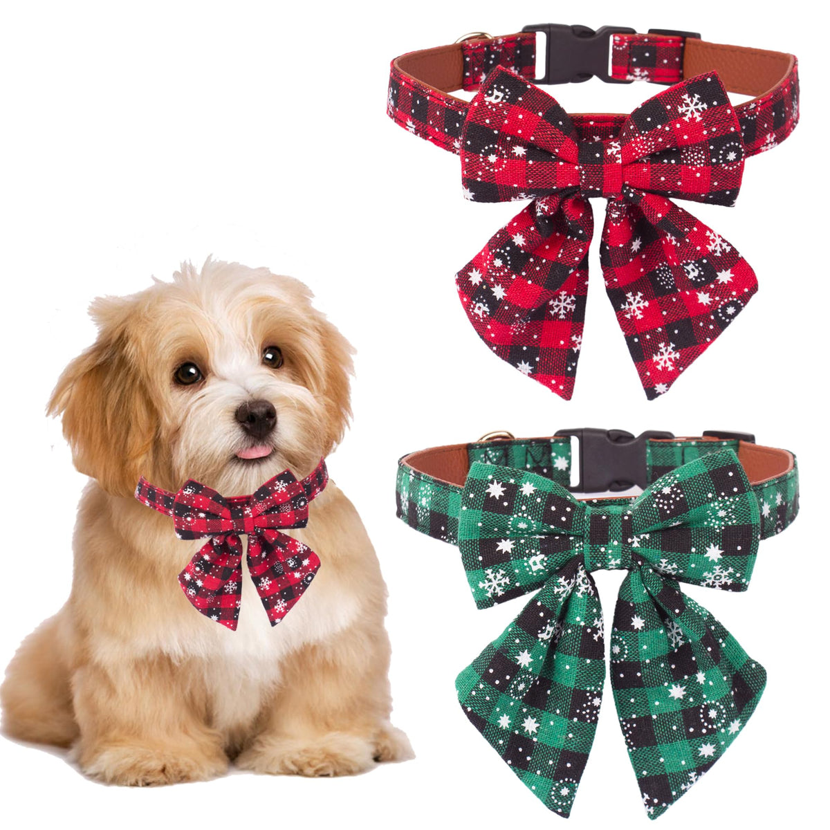 ADOGGYGO 2 Pack Christmas Dog Collar with Bow Tie, Classic Plaid Red Green Dog Collars with Removable Bowtie Christmas Collars for Extra Small Dogs Pets (X-Small)