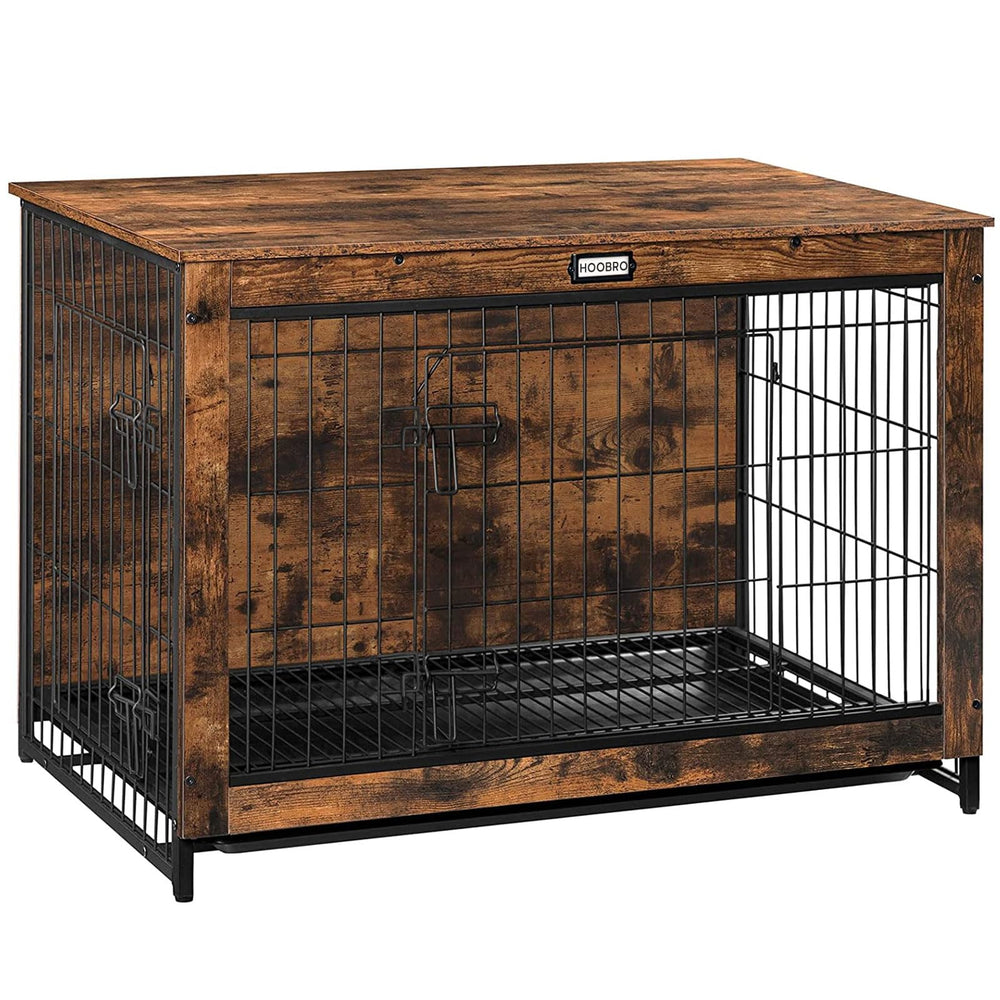 HOOBRO dog crate furniture exterior in rustic brown shows sturdy, multi-functional design.