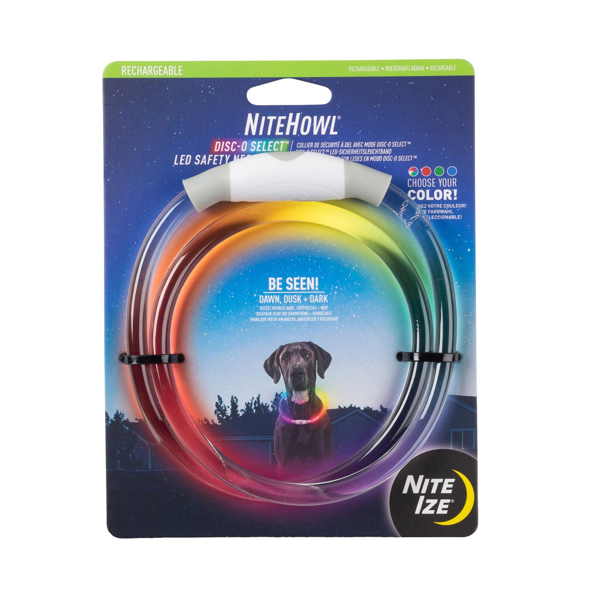 Nite Ize NiteHowl Rechargeable LED Safety Necklace - Disc-O Select - High-Visibility Collar for Nighttime - 360-Degree Illumination & Customizable Fit - Color Changing - Weather Resistant - Regular