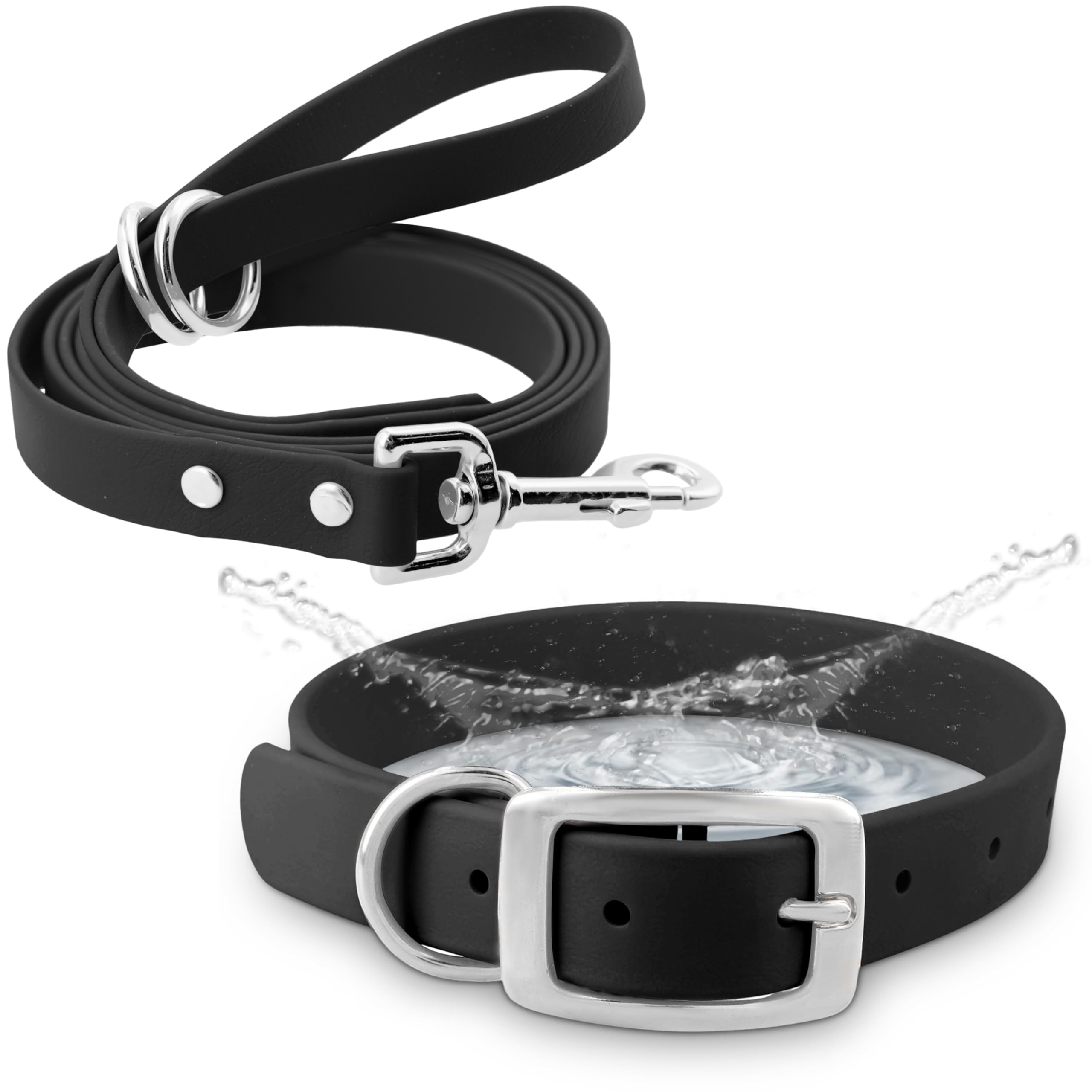 Regal Dog Products Medium Black Waterproof Collar & Leash Set — Heavy-Duty, Adjustable Biothane, 5' Leash