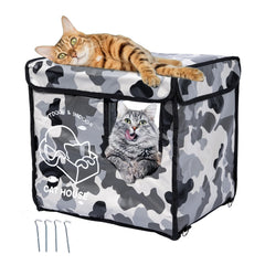 Indestructible Cat House Outdoor with Two-Sided Escape Door, Insulated and 100% Waterproof, Outside Weatherproof Feral Cat Shelter for Winter, Oxford Cloth Upgraded(Camouflage, s)