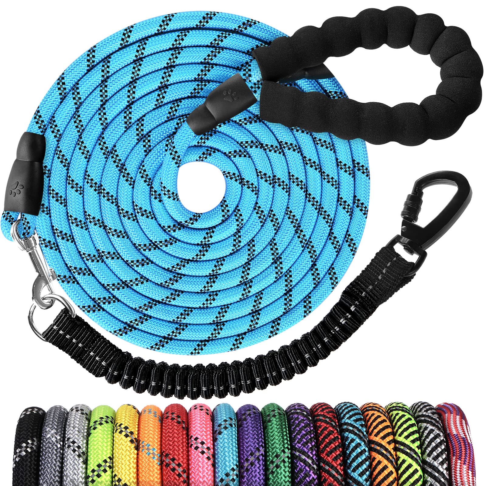 Long Dog Leash 10 FT: Heavy Duty Rope Leashes for Dogs Training with Swivel Lockable Hook Reflective Threads Bungee and Padded Handle - Dog Lead for Large Small Medium Dogs Outside Walking Hiking Blue