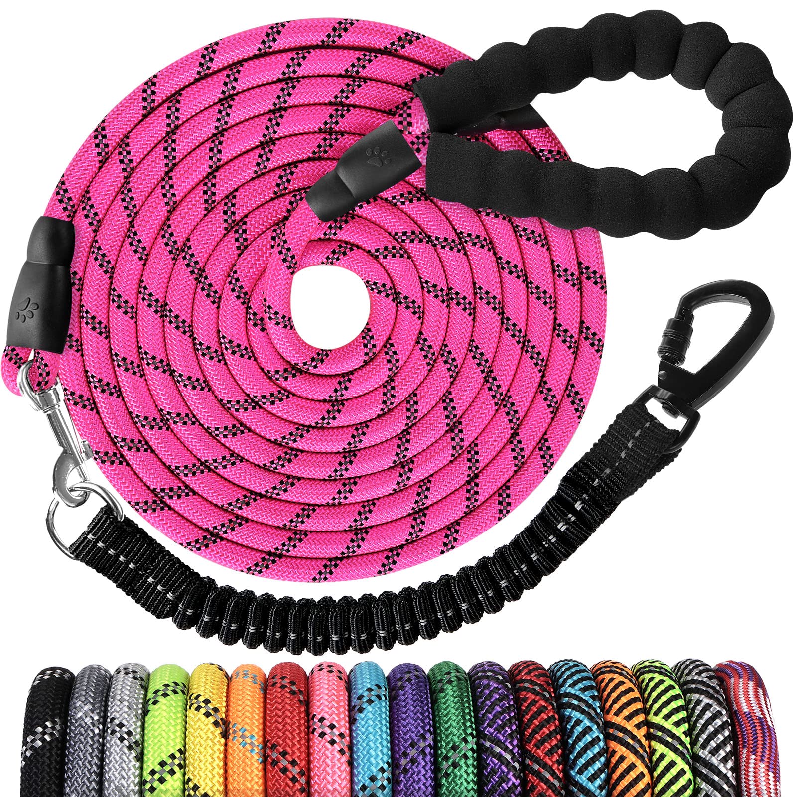 Long Dog Leash 15 FT: Heavy Duty Rope Leashes for Dogs Training with Swivel Lockable Hook Reflective Threads Bungee and Padded Handle - Dog Lead for Large Small Medium Dogs Outside Walking Hiking Pink