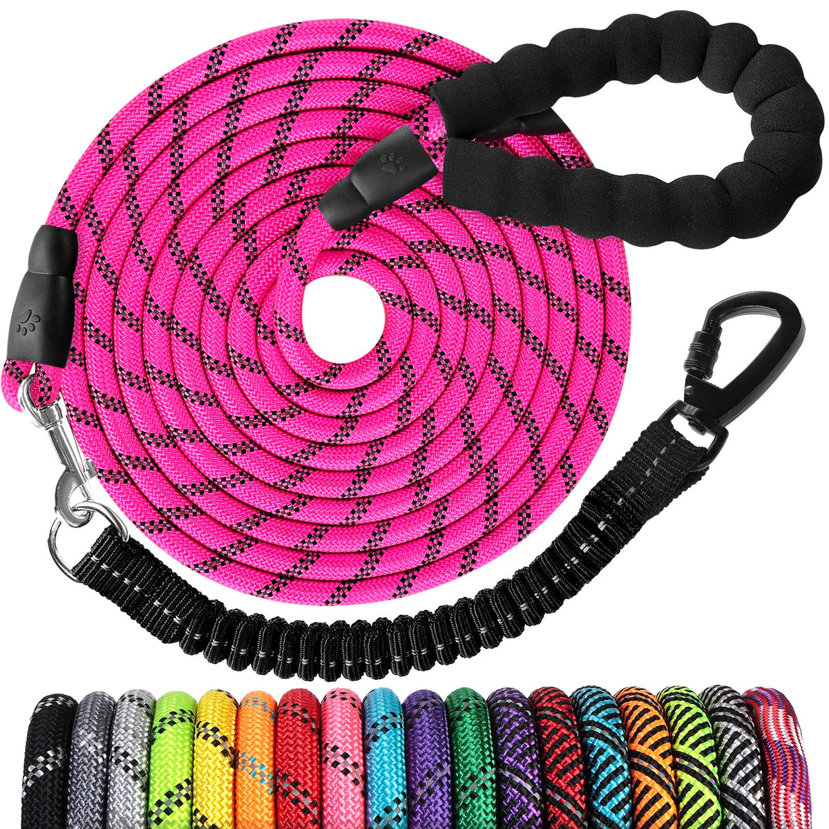 Long Dog Leash 15 FT: Heavy Duty Rope Leashes for Dogs Training with Swivel Lockable Hook Reflective Threads Bungee and Padded Handle - Dog Lead for Large Small Medium Dogs Outside Walking Hiking Pink