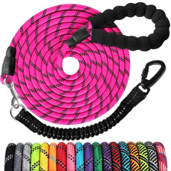 Long Dog Leash 15 FT: Heavy Duty Rope Leashes for Dogs Training with Swivel Lockable Hook Reflective Threads Bungee and Padded Handle - Dog Lead for Large Small Medium Dogs Outside Walking Hiking Pink