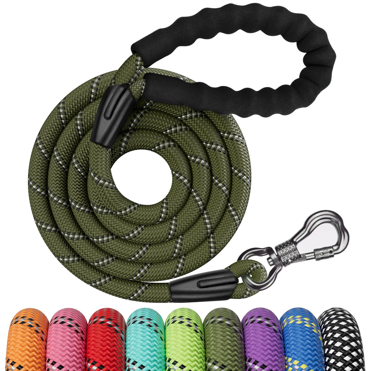 NTR 6FT Heavy Duty Olive Rope Dog Leash with Swivel Lockable Hook and Comfortable Padded Handle for Small to Large Dogs - Training, Playing, Camping, or Backyard