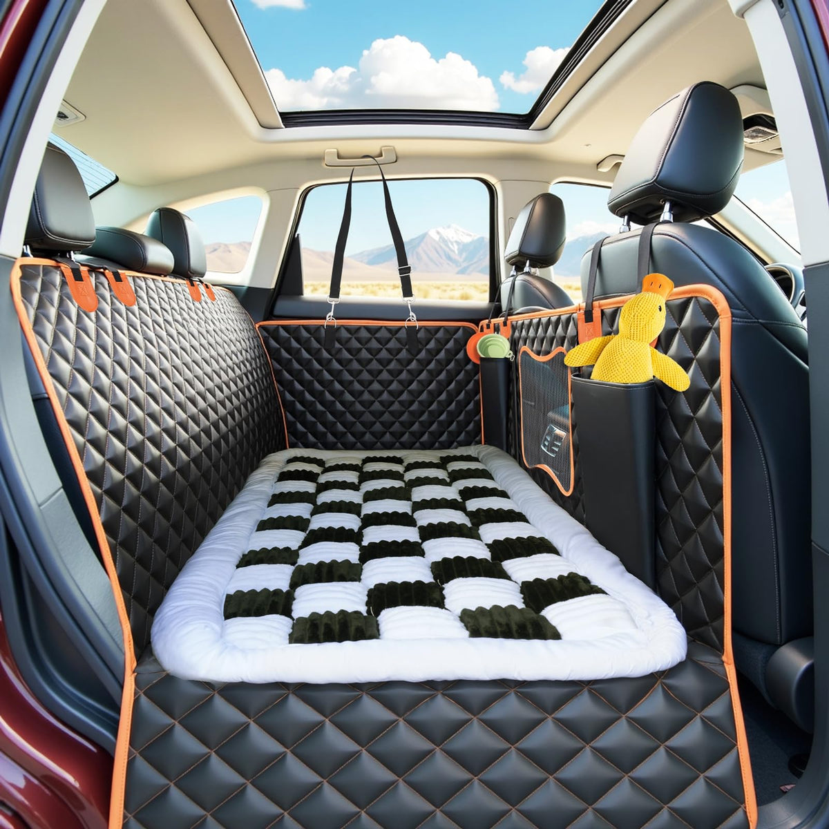 Backseat Pet Bed Mat, Fit for Backseat Extenders,Plaid Dog Bed for Car Back Seat,Non-Slip Travel Pet Pad for Car, SUV, Truck, Couch Cover, Washable Backseat Cushion(Black and White,24.8" x 54")