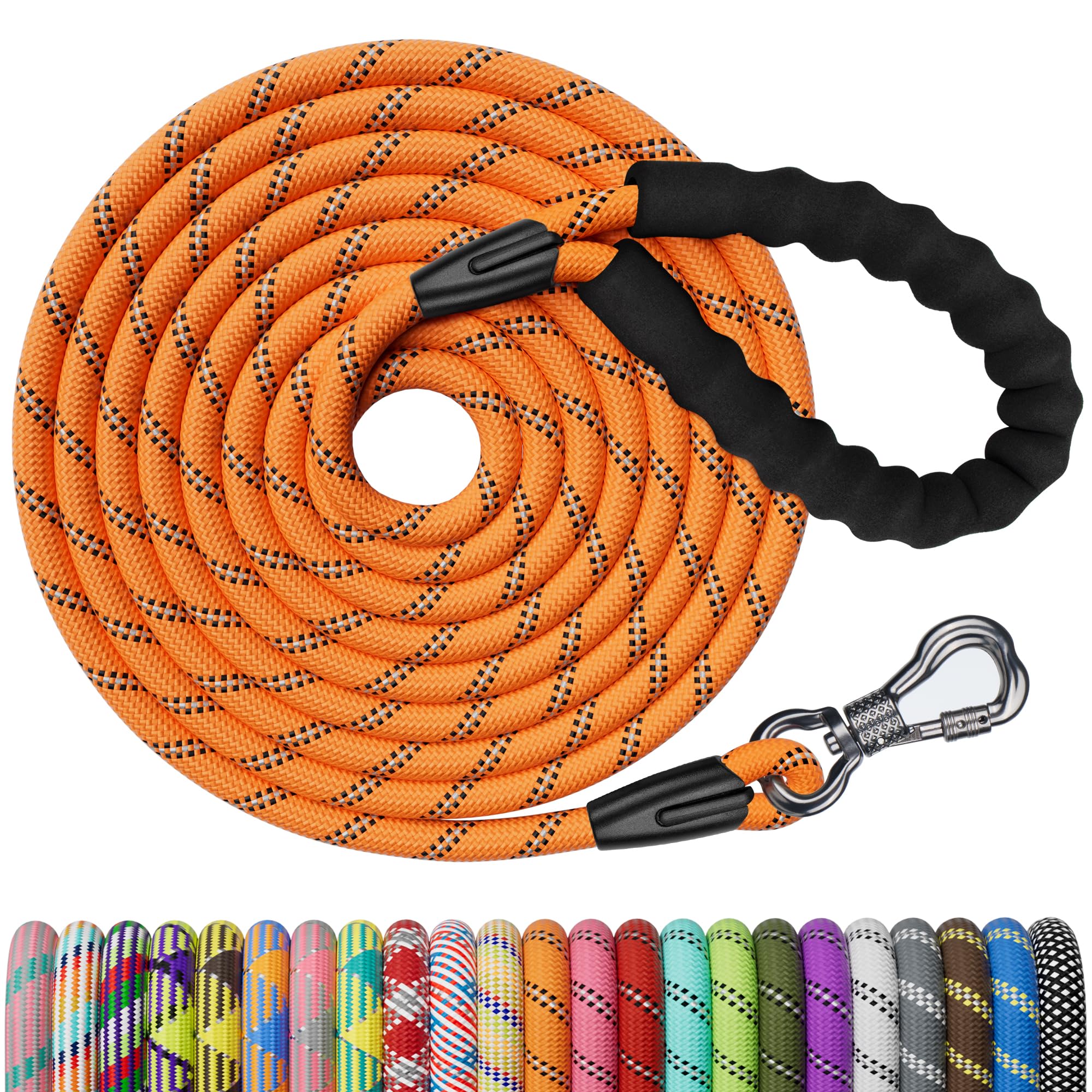 NTR Heavy Duty Dog Leash - 15FT Training with Lockable Bone Hook, Padded Handle & Reflective Threads - Orange