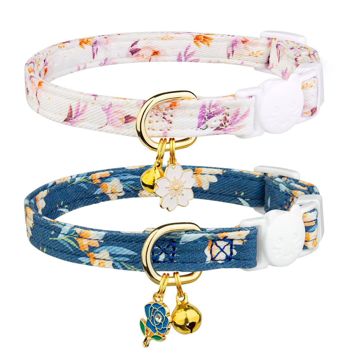 FYEQYAOU 2-Pack Cotton Breakaway Cat Collar – White & Blue Floral with Bell