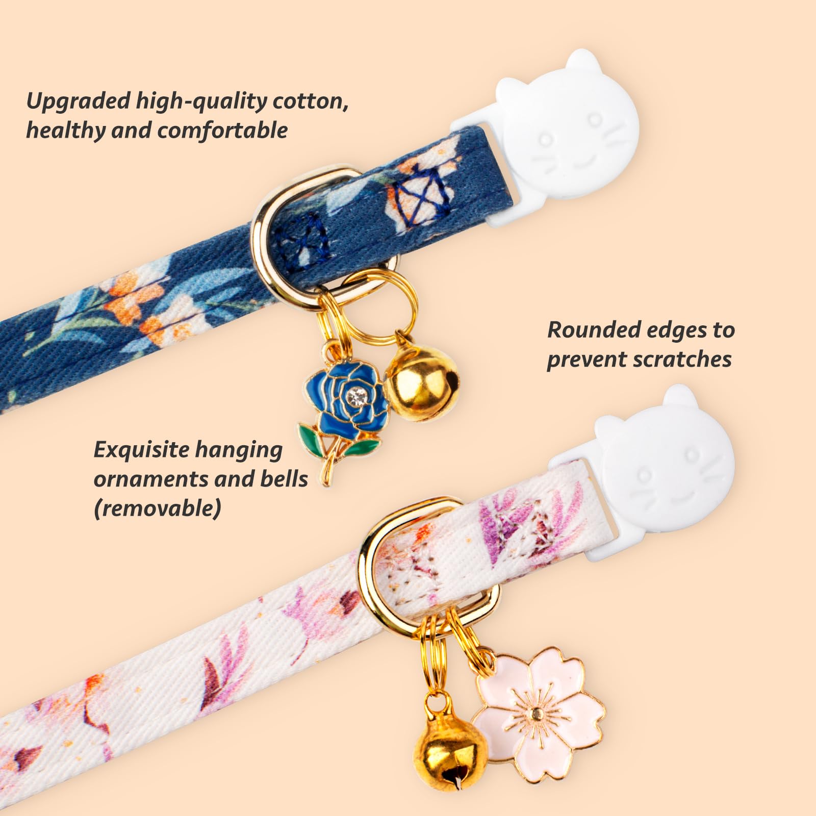 FYEQYAOU 2-Pack Cotton Breakaway Cat Collar – White & Blue Floral with Bell