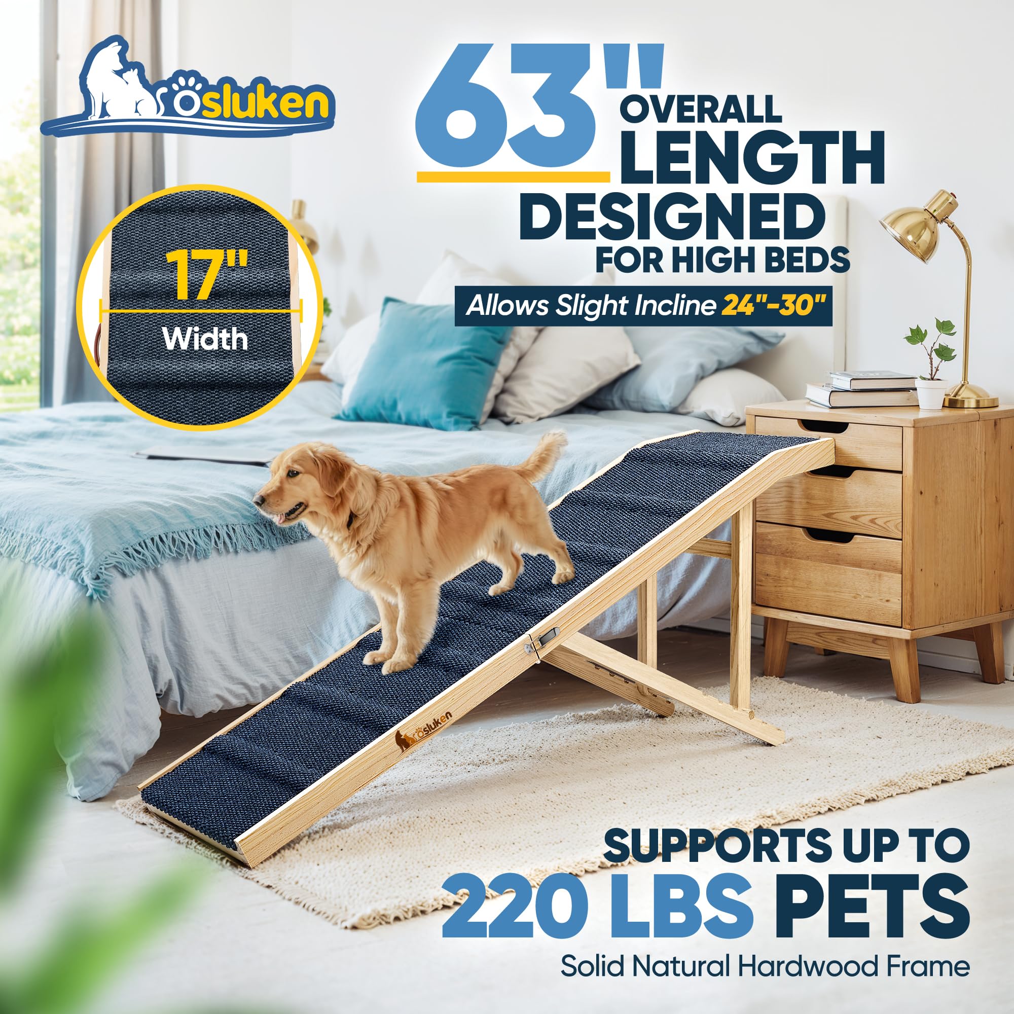 Tsukiko 2025 Upgraded 63-inch Dog Ramp for Bed & Car — 6 Heights, 220lb Capacity