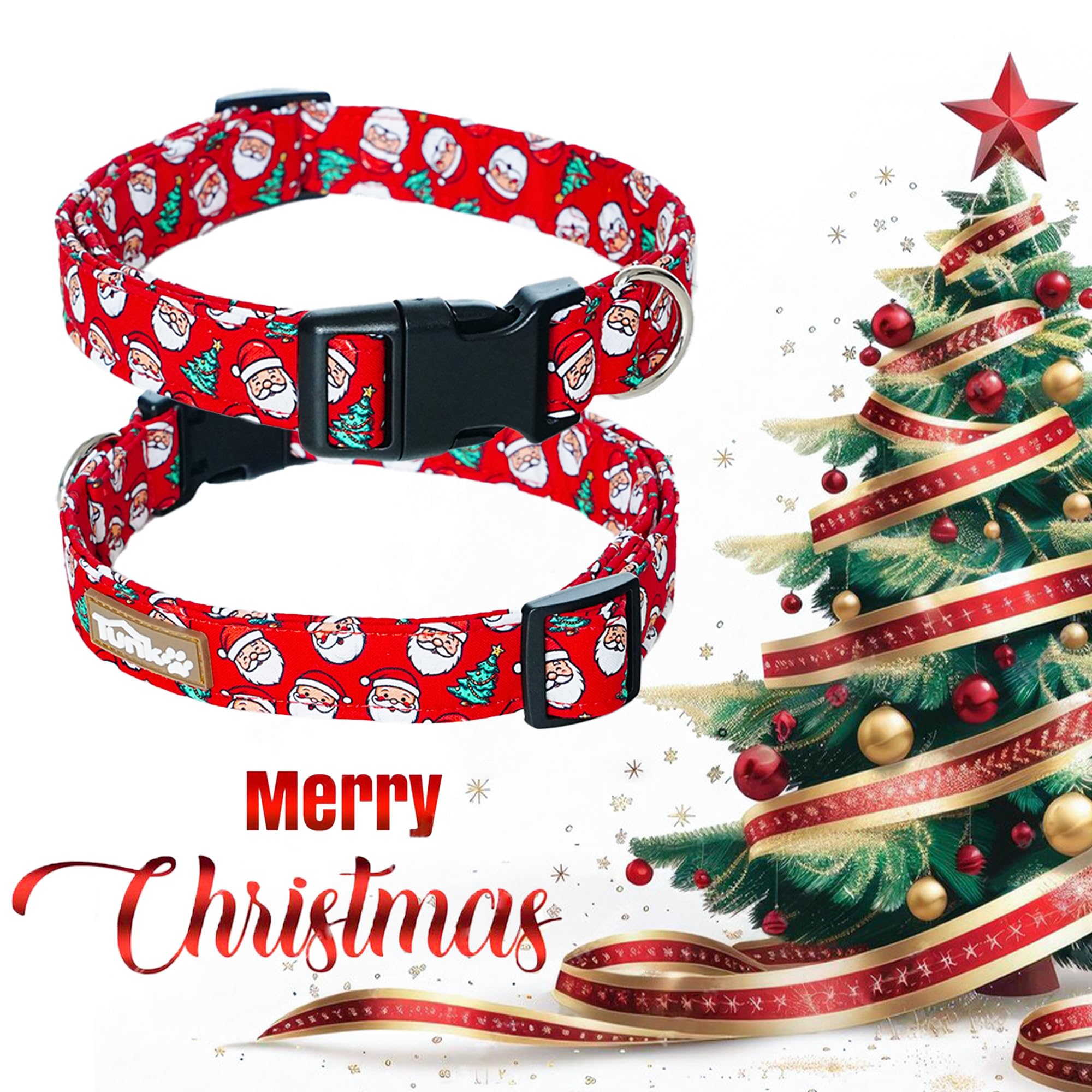 Tunkoo Christmas Dog Collar Santa Claus Cute Adjustable Plaid Collar for Boy and Girl Dogs, Dog Collar with Strong Plastic Buckle - for Small Medium Large Pets, S