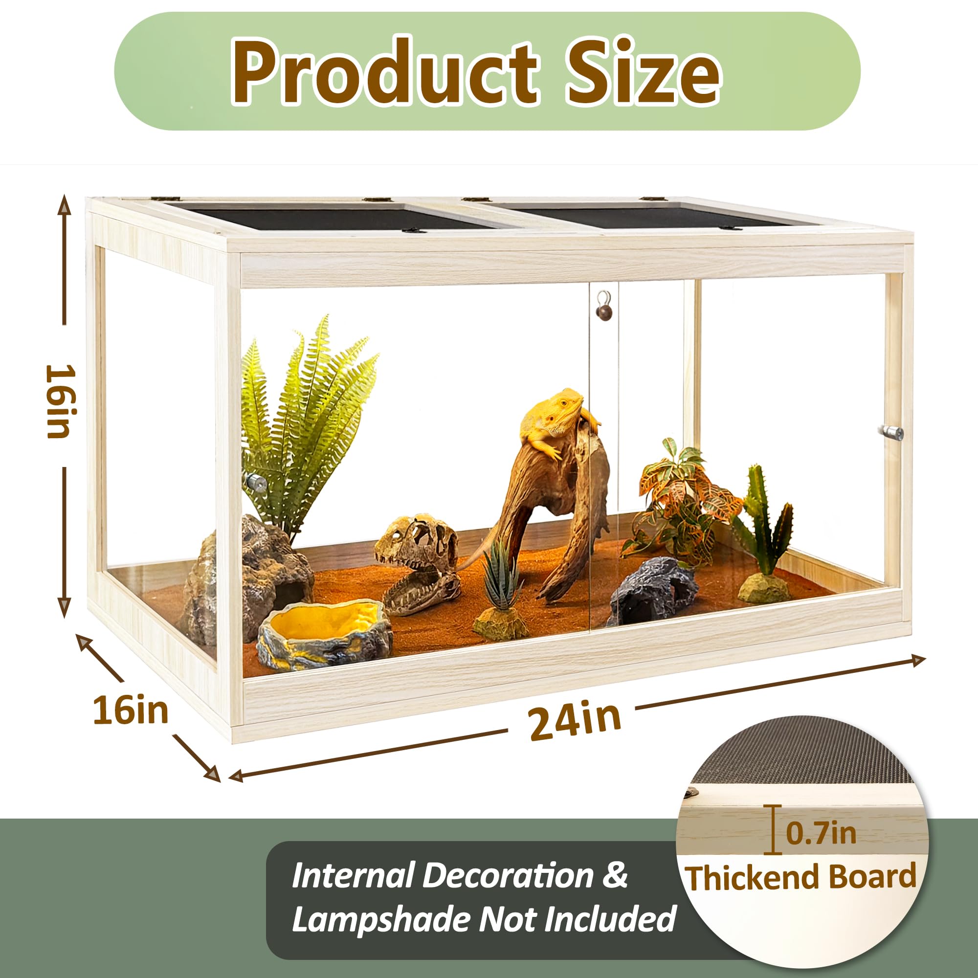 PROLEE Tempered Glass Bearded Dragon Tank,28 Gallon Reptile Tank with Meatl Mesh Roof and Front Sliding Door, Anti-Scratch Lizard Tank,Spacious Reptile Enclosure for Snakes,Lguanas, Chameleons(Oak)