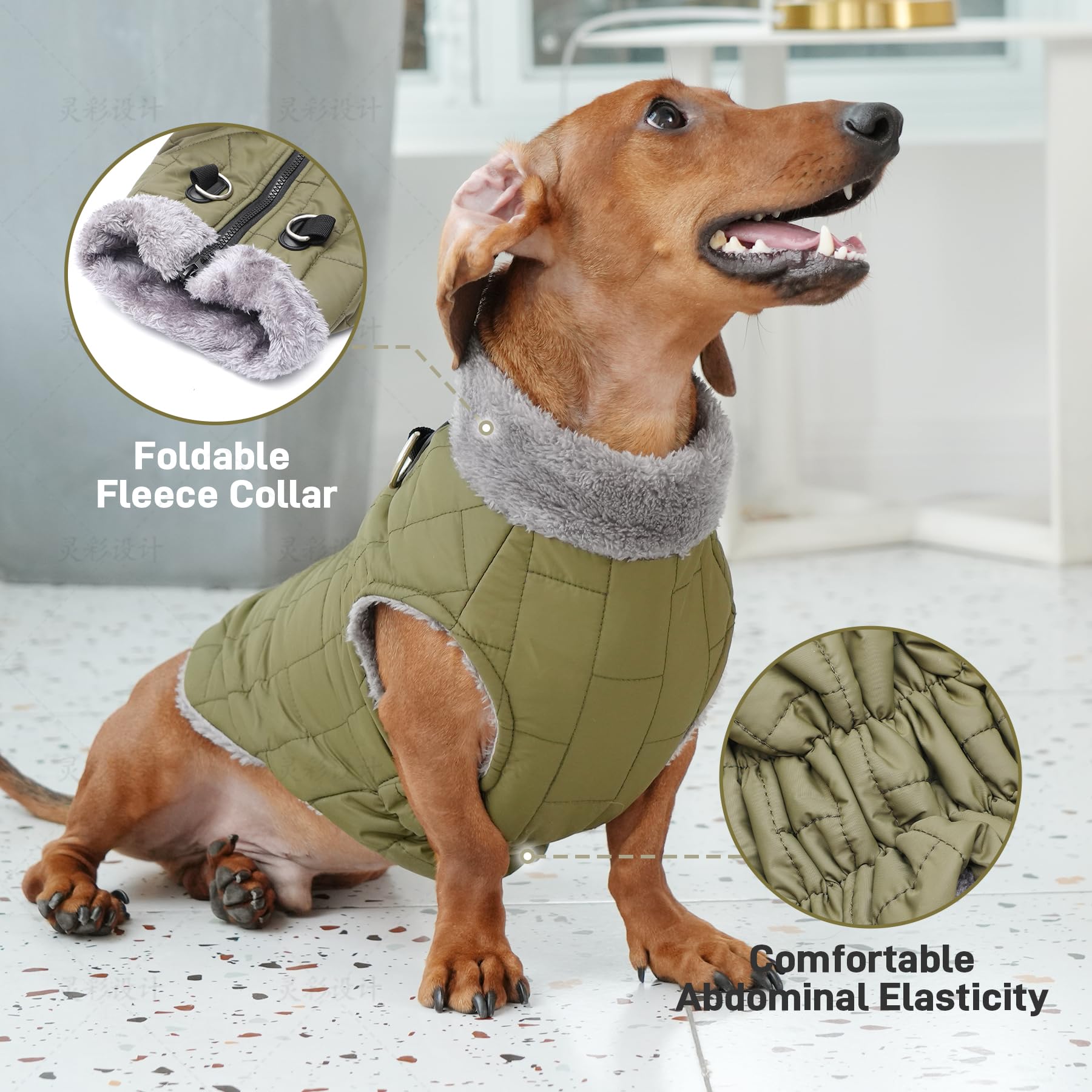 JoyDaog Warm Fleece Dog Coats with Durable Harness Buitl in D-Ring,Waterproof Doggie Jacket for Medium Dogs,Dog Vest for Cold Winter,Green L