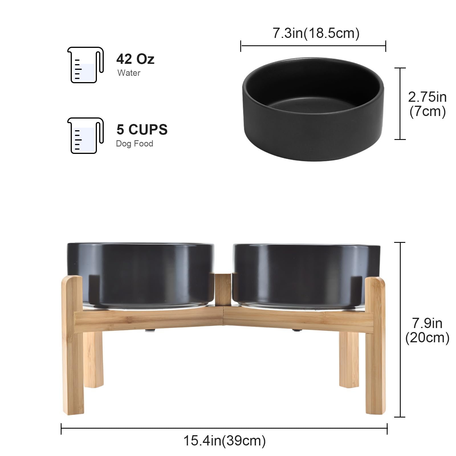 SPUNKYJUNKY Elevated Dog Bowls Ceramic, 7.3'' Dogs Food Water Bowls Raised with Non-Slip Bamboo Stand for Medium to Large Sized Breed Microwave Dishwasher Safe - 42 OZ,Black
