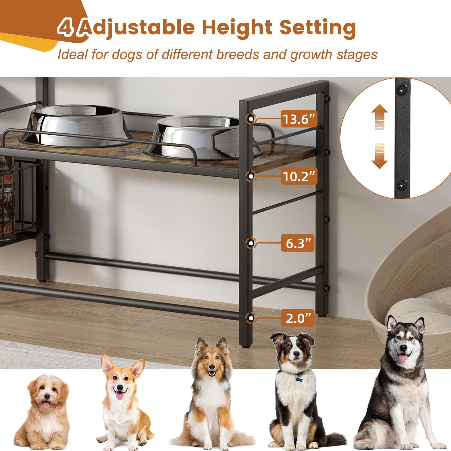 Lomivra Elevated Dog Bowl Stand with Toy Bin Basket, 4 Height Adjustable Raised Feeding Station Cabinet, Lifted Food and Water Bowl Holder, Pet Storage Organizer for Large Medium Small Dogs