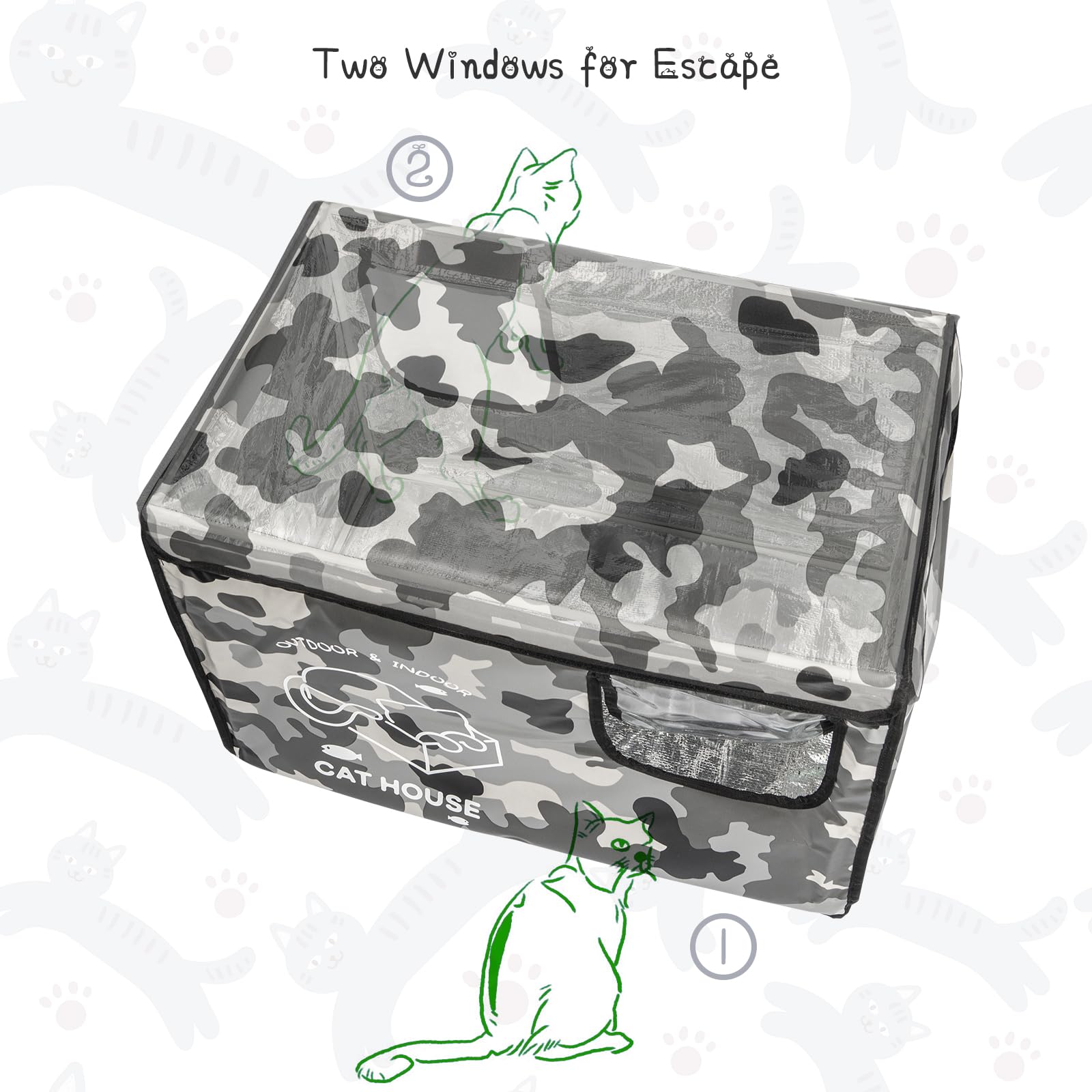 Indestructible Cat House Outdoor with Two-Sided Escape Door, Insulated and 100% Waterproof, Outside Weatherproof Feral Cat Shelter for Winter, Oxford Cloth Upgraded(Camouflage, s)