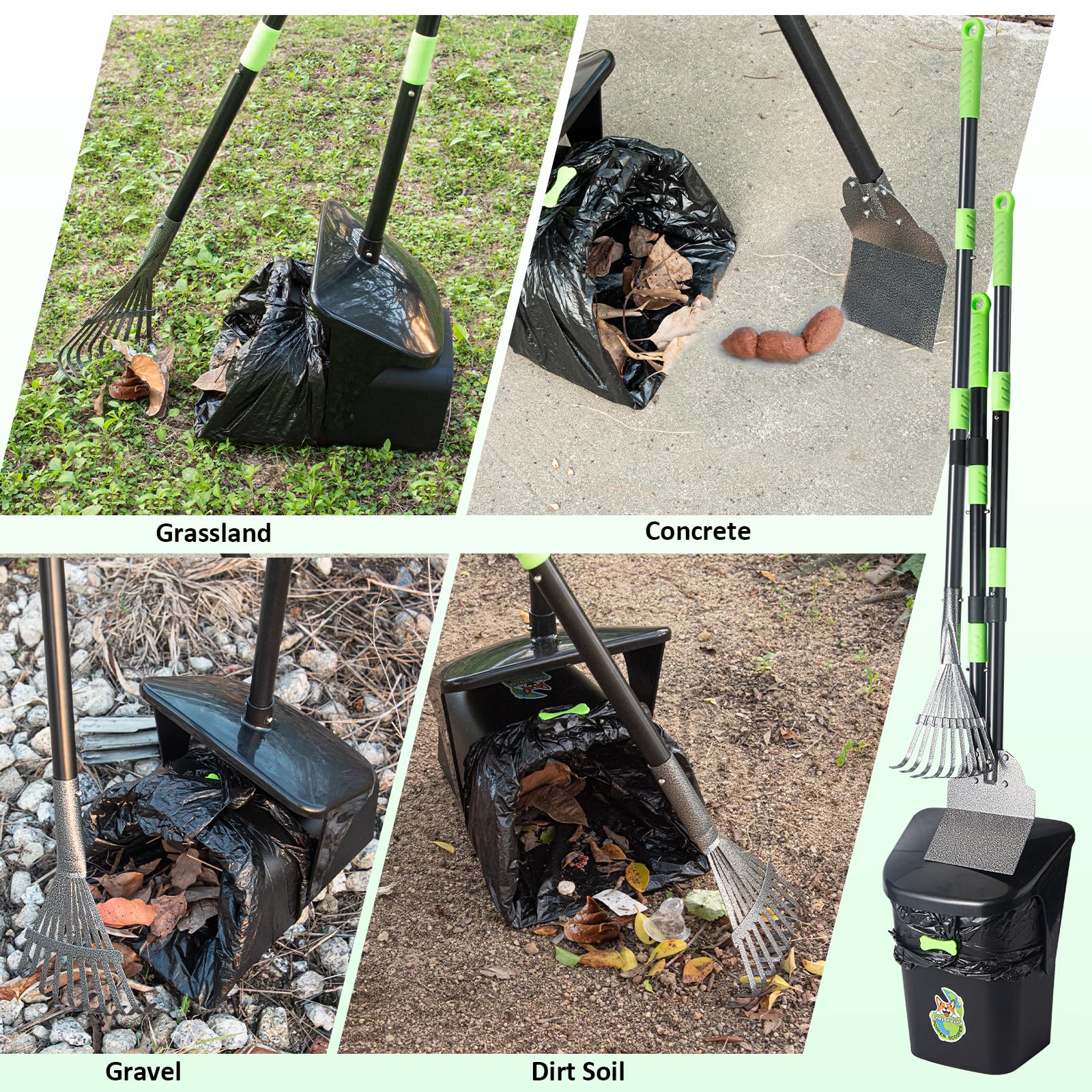 CHUICHUIHU Dog Pooper Scooper, Long Handle Adjustable Metal Swivel Bin & Rake & Spade Kit with 20 Waste Bags, Portable Heavy Duty Dog Poop Scooper for Gravel Lawn, Suit for Small Medium Large Dog
