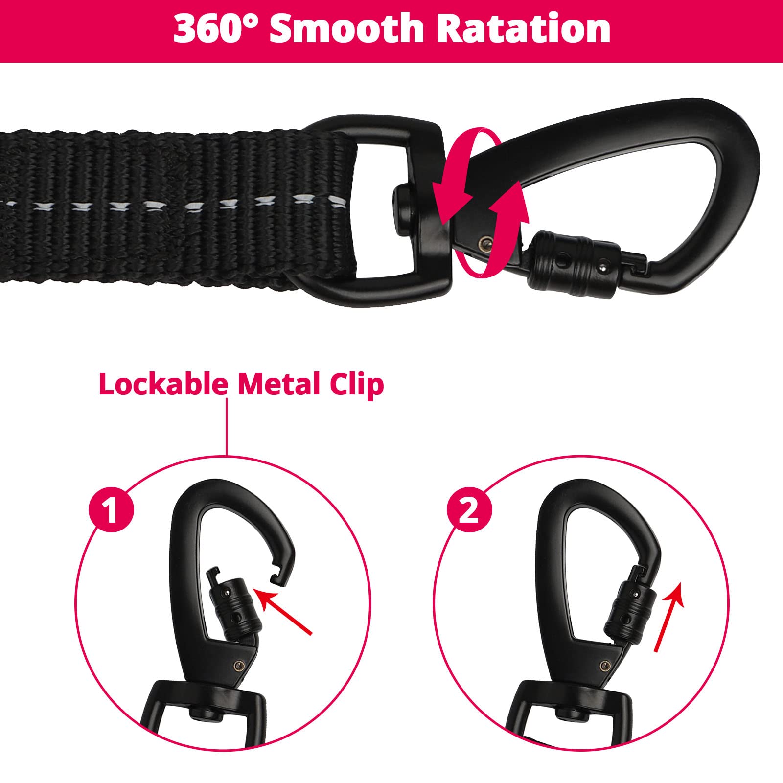 Long Dog Leash 15 FT: Heavy Duty Rope Leashes for Dogs Training with Swivel Lockable Hook Reflective Threads Bungee and Padded Handle - Dog Lead for Large Small Medium Dogs Outside Walking Hiking Pink
