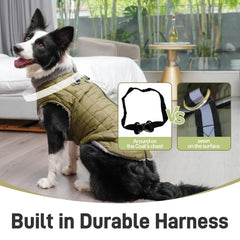JoyDaog Warm Fleece Dog Coats with Durable Harness Buitl in D-Ring,Waterproof Doggie Jacket for Medium Dogs,Dog Vest for Cold Winter,Green L
