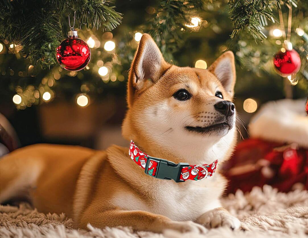 Tunkoo Christmas Dog Collar Santa Claus Cute Adjustable Plaid Collar for Boy and Girl Dogs, Dog Collar with Strong Plastic Buckle - for Small Medium Large Pets, S