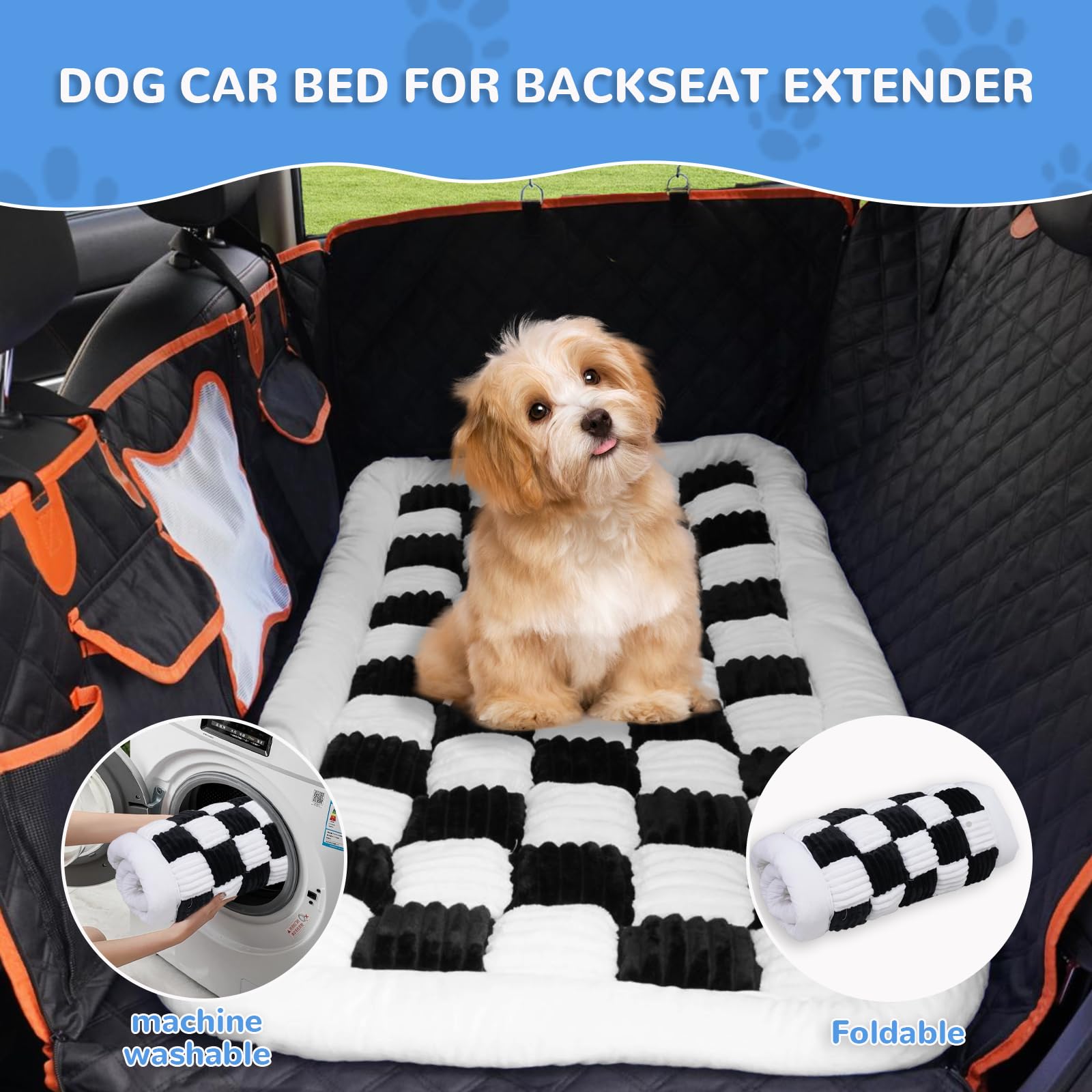 Backseat Pet Bed Mat, Fit for Backseat Extenders,Plaid Dog Bed for Car Back Seat,Non-Slip Travel Pet Pad for Car, SUV, Truck, Couch Cover, Washable Backseat Cushion(Black and White,24.8" x 54")