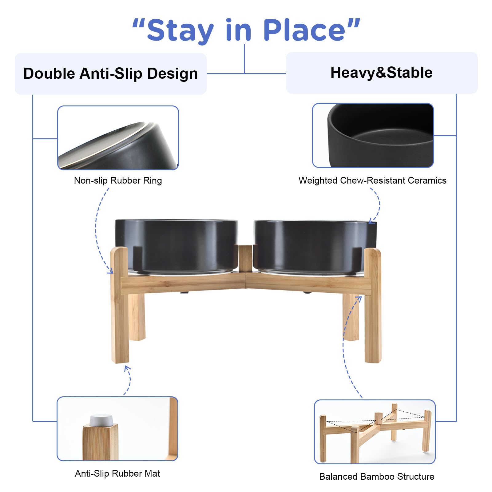 SPUNKYJUNKY Elevated Dog Bowls Ceramic, 7.3'' Dogs Food Water Bowls Raised with Non-Slip Bamboo Stand for Medium to Large Sized Breed Microwave Dishwasher Safe - 42 OZ,Black