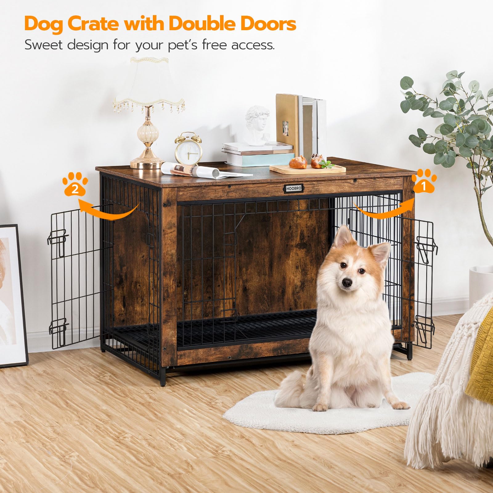 HOOBRO dog crate furniture pull-out tray simplifies cleanup and waste management.